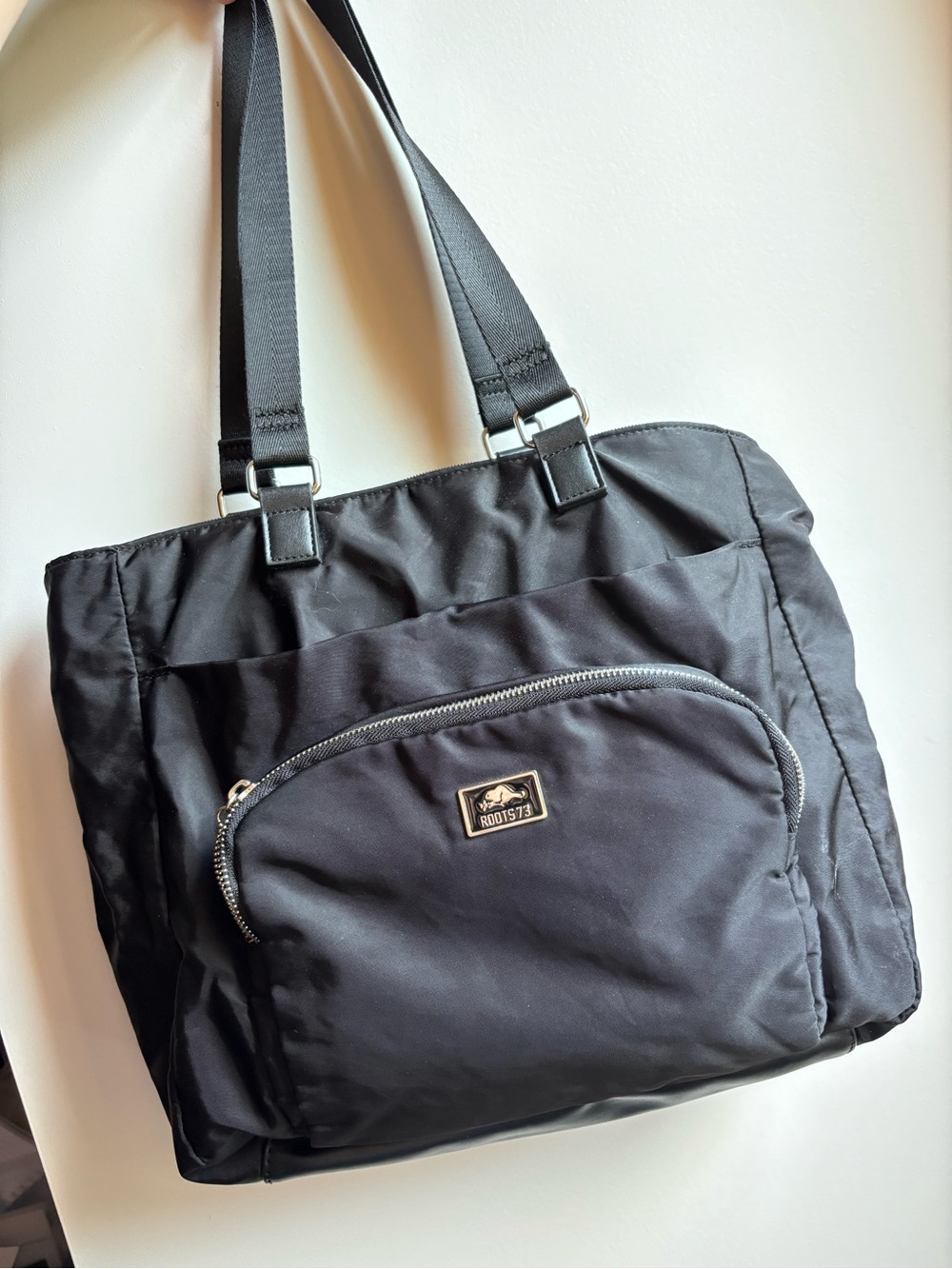 Roots Black Nylon Tote with Front Zip Pocket and Dual Straps